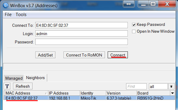 mikrotik routeros mac connection