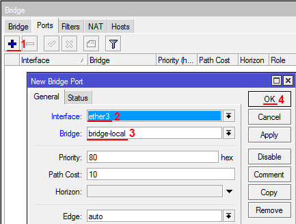 Добавляем мастер порт свитча в бридж MikroTik