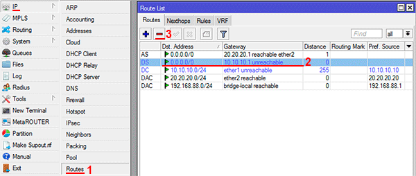 Удаляем маршрут по умолчанию в роутере Микротик